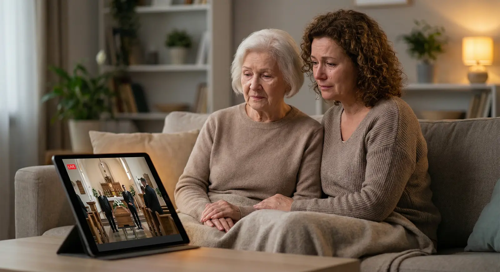 A family watching a funeral service live from home