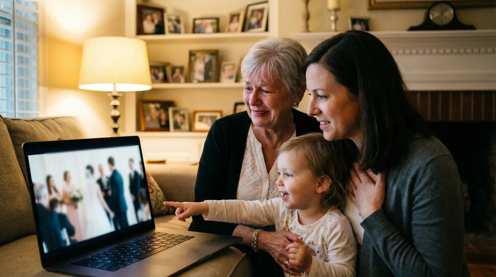 Three generations of a family watching a live-streamed wedding together at home