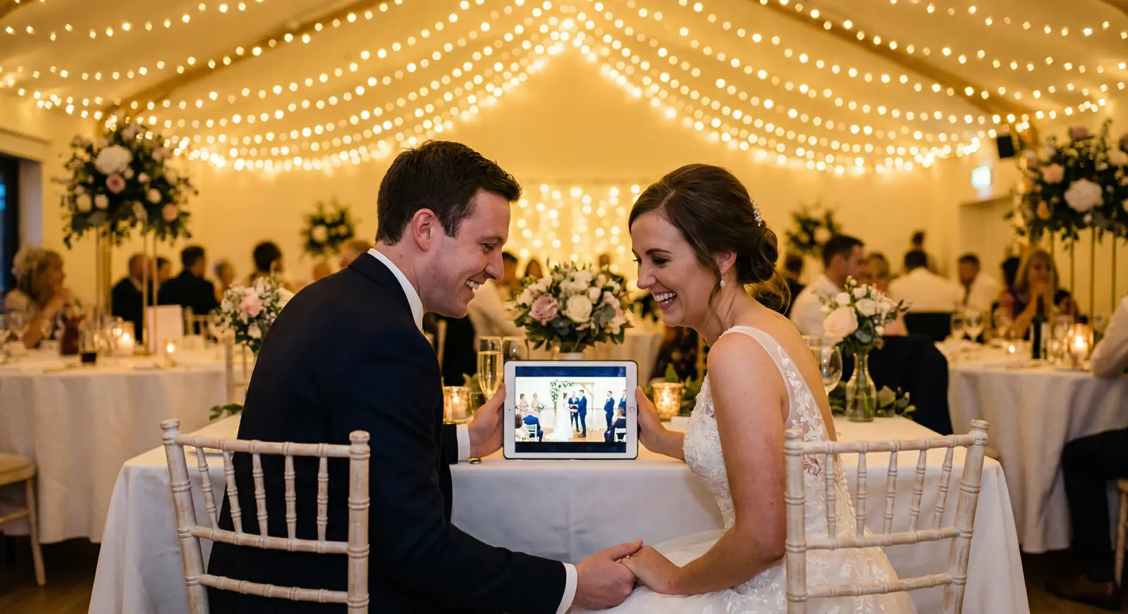 A bride and groom watching their ceremony replay